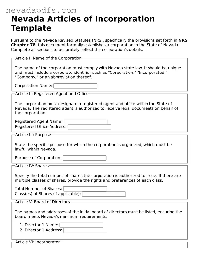 Attorney-Verified Articles of Incorporation Template for the State of Nevada