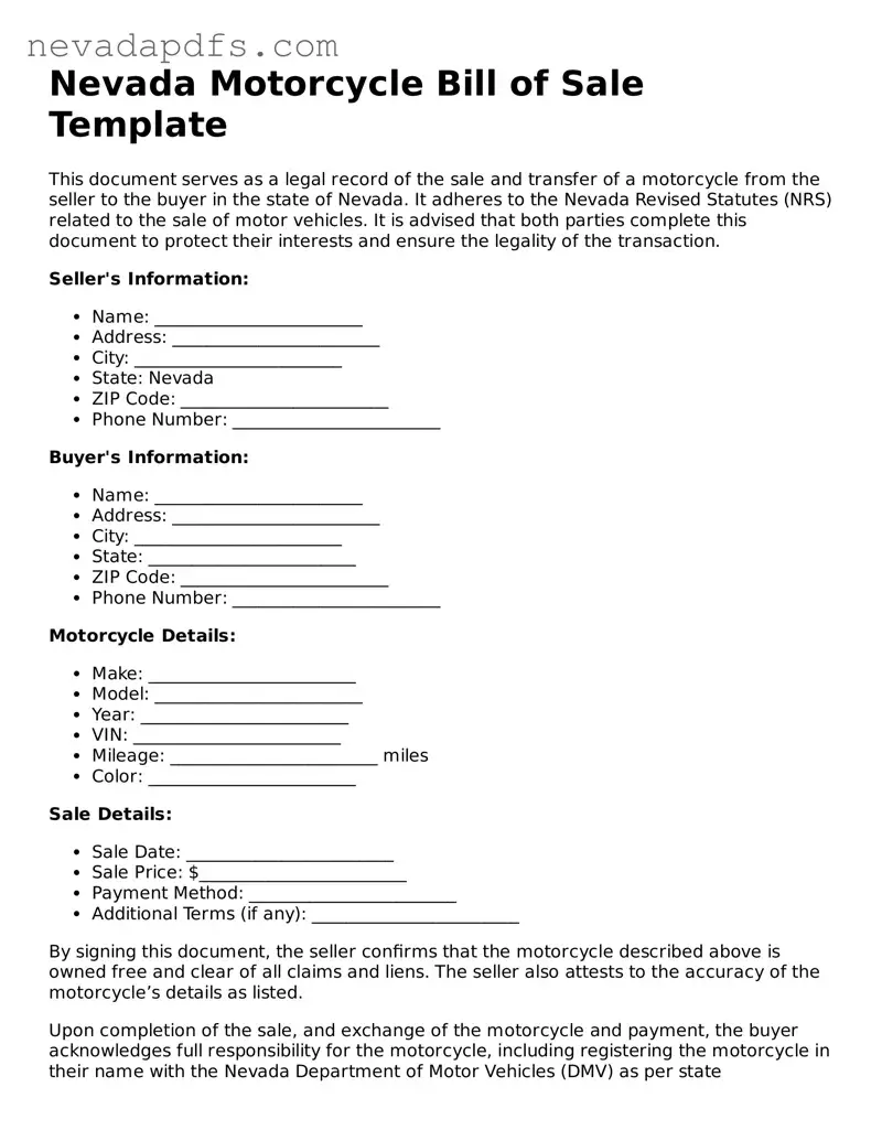 Attorney-Verified Motorcycle Bill of Sale Template for the State of Nevada