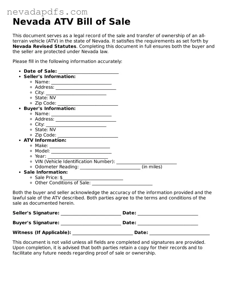 Attorney-Verified ATV Bill of Sale Template for the State of Nevada