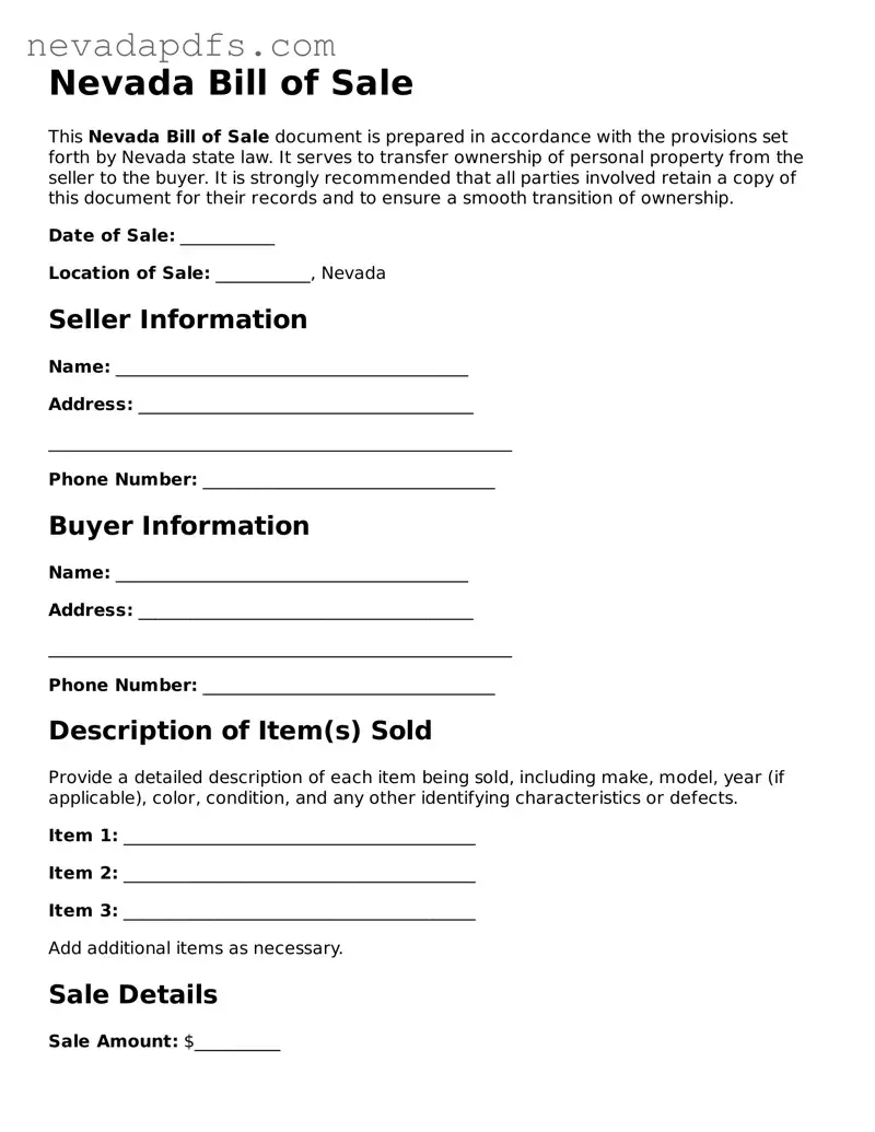 Attorney-Verified Bill of Sale Template for the State of Nevada