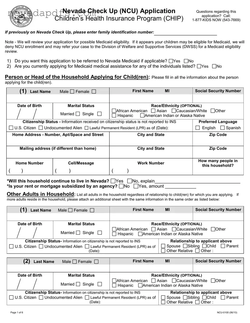 Blank Nevada Check Up Application PDF Template