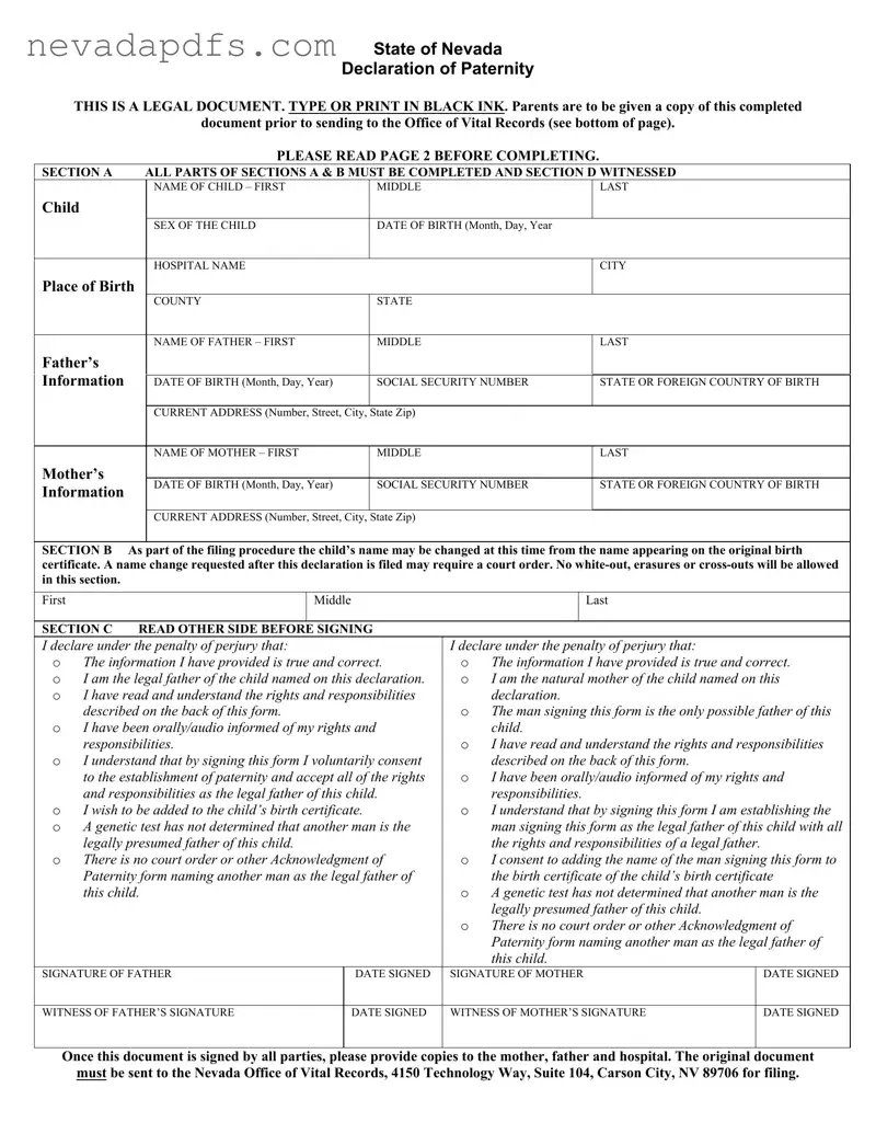 Blank Nevada Declaration Of Paternity PDF Template