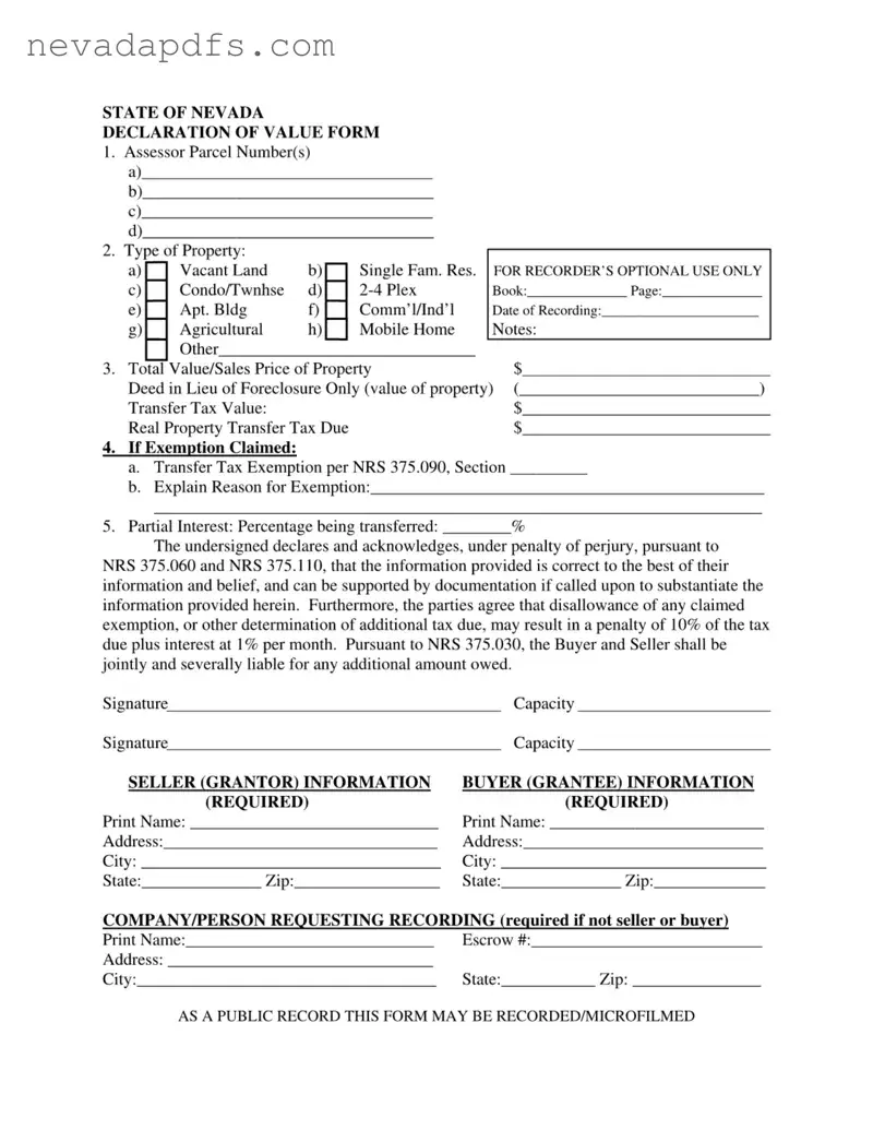 Blank Nevada Declaration Of Value PDF Template