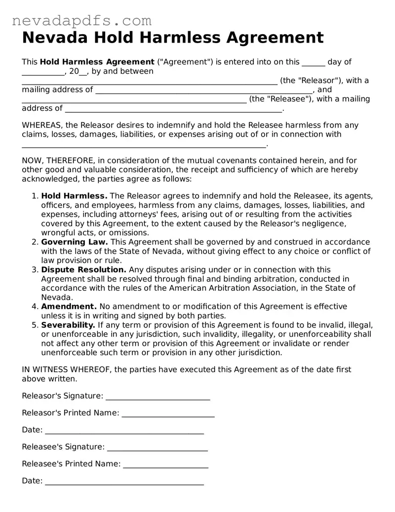 Attorney-Verified Hold Harmless Agreement Template for the State of Nevada