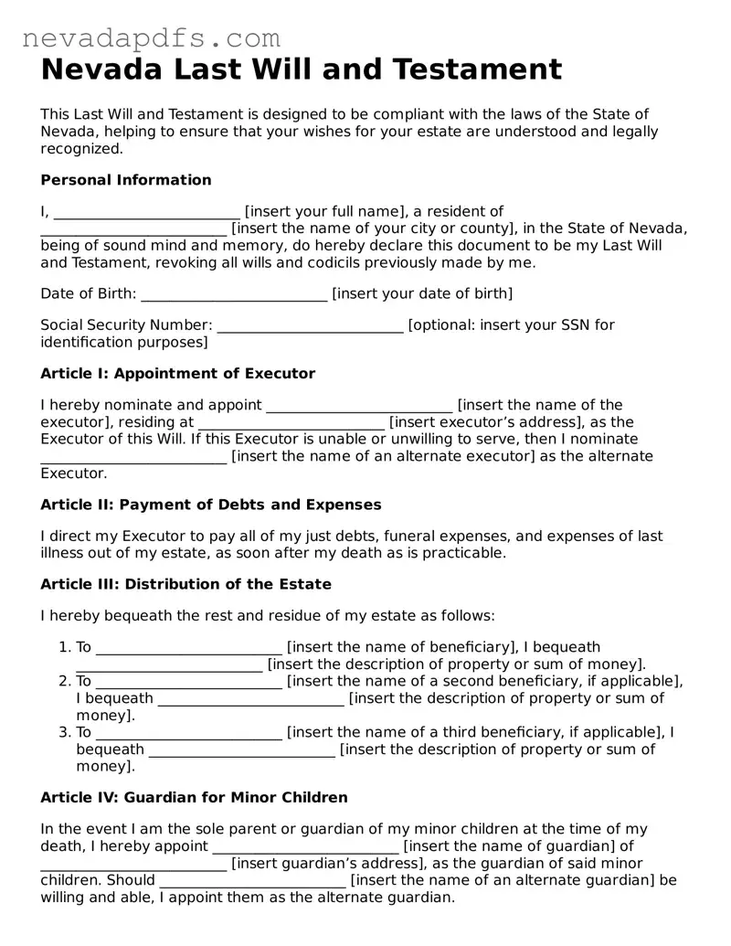 Attorney-Verified Last Will and Testament Template for the State of Nevada