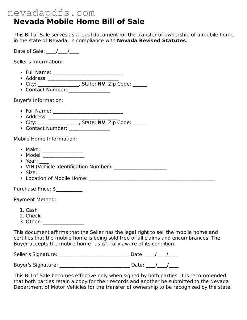 Attorney-Verified Mobile Home Bill of Sale Template for the State of Nevada