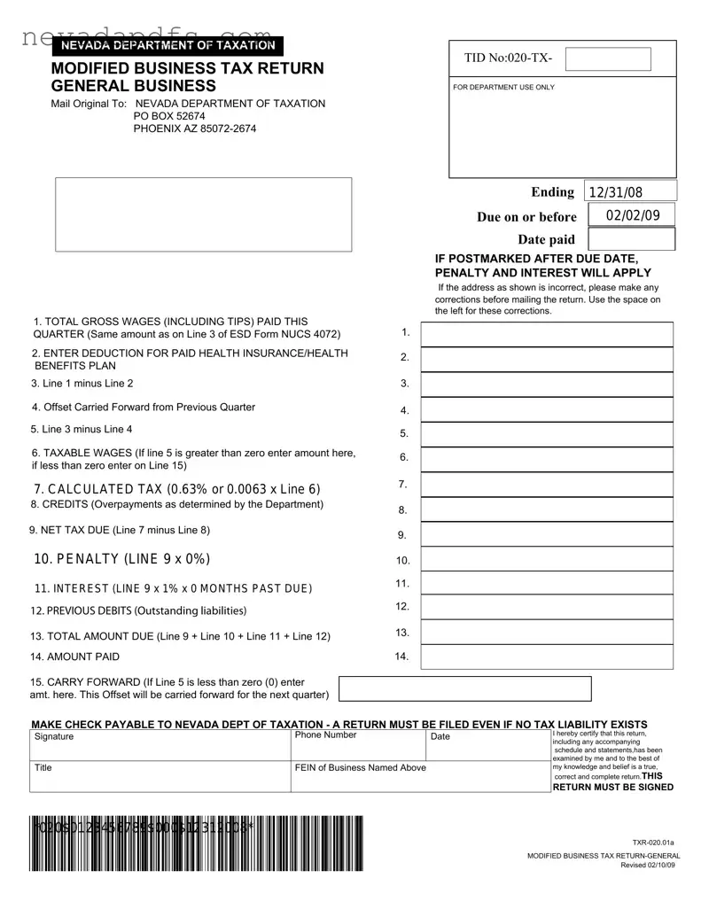 Blank Nevada Modified Tax Return PDF Template