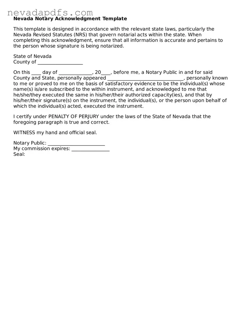 Attorney-Verified Notary Acknowledgement Template for the State of Nevada