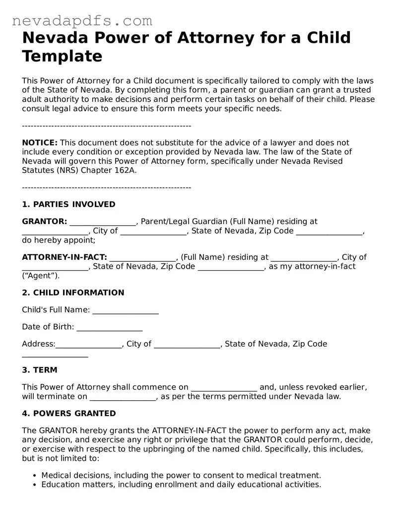 Attorney-Verified Power of Attorney for a Child Template for the State of Nevada