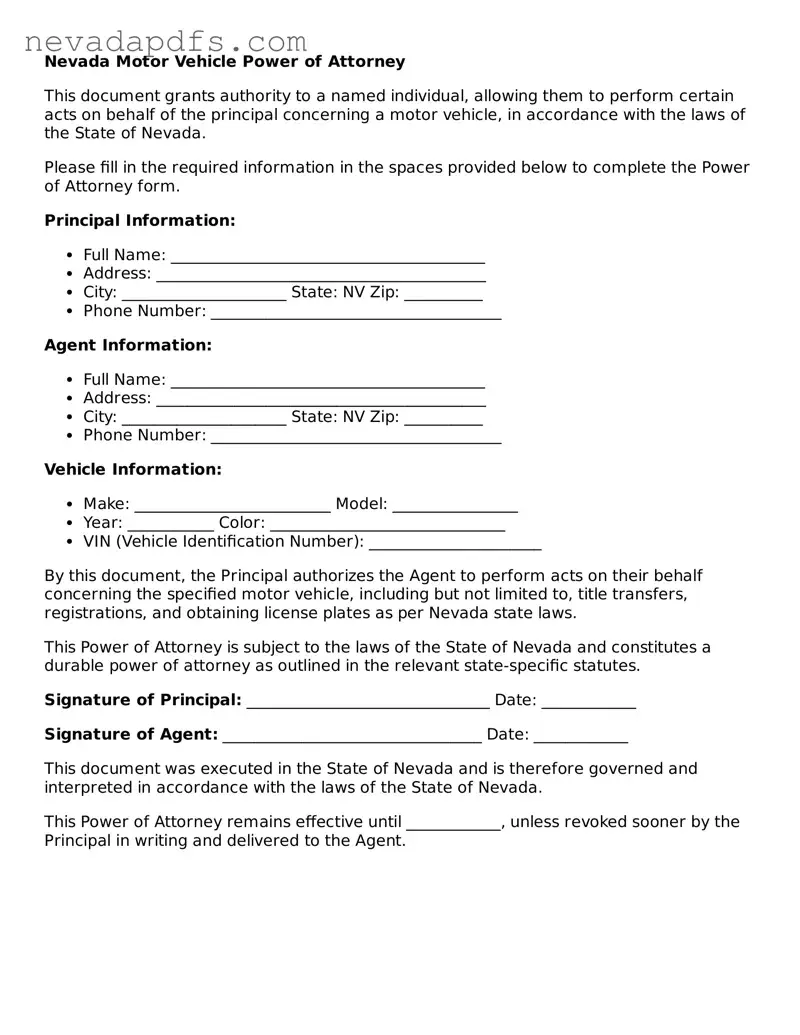 Attorney-Verified Motor Vehicle Power of Attorney Template for the State of Nevada