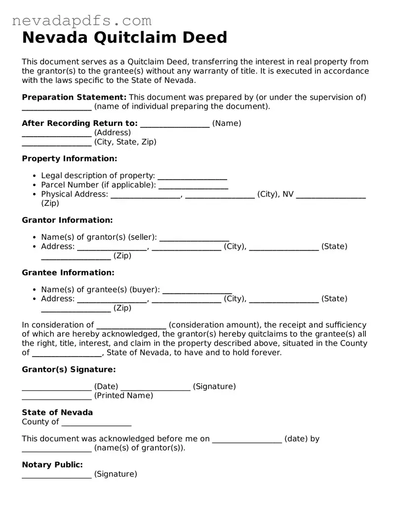 Attorney-Verified Quitclaim Deed Template for the State of Nevada