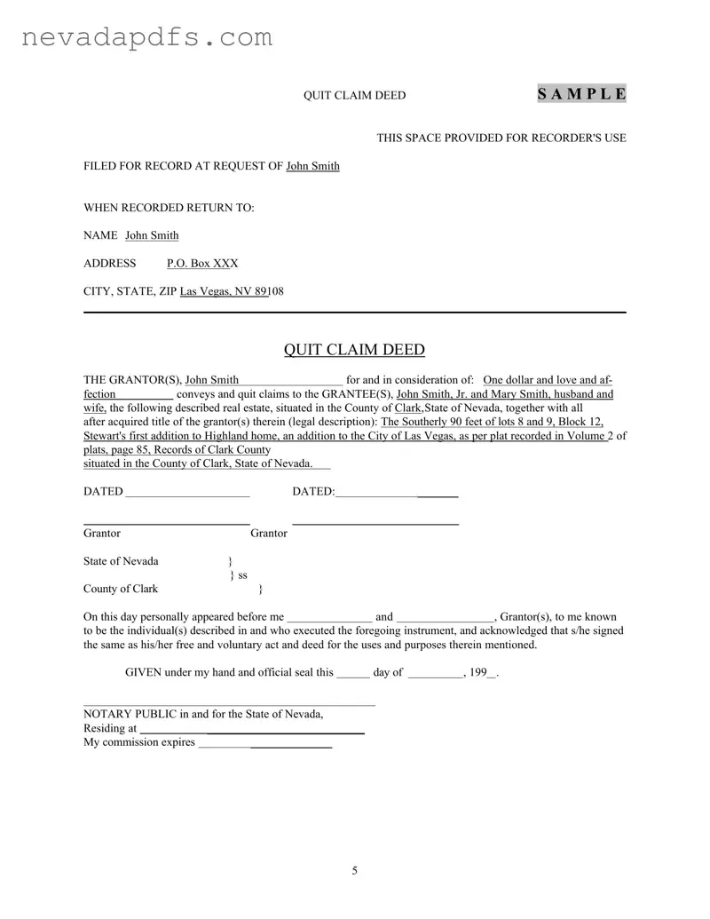 Blank Nevada Quit Claim PDF Template