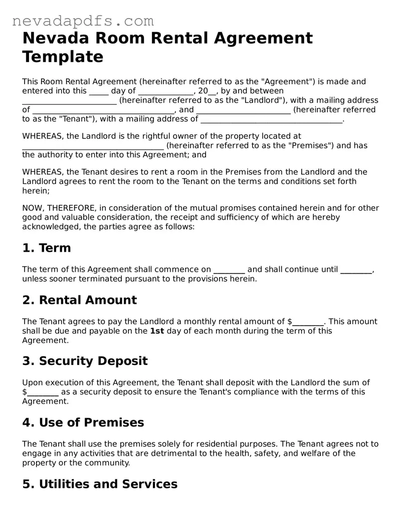 Attorney-Verified Room Rental Agreement Template for the State of Nevada