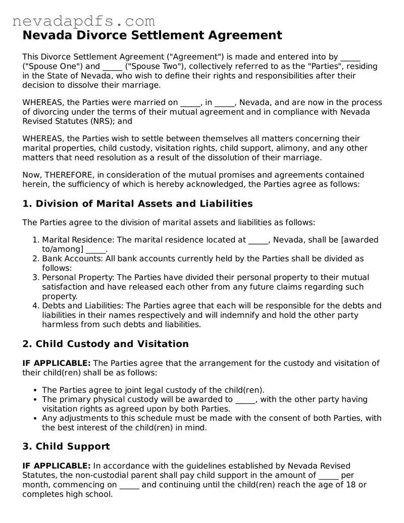 Attorney-Verified Divorce Settlement Agreement Template for the State of Nevada