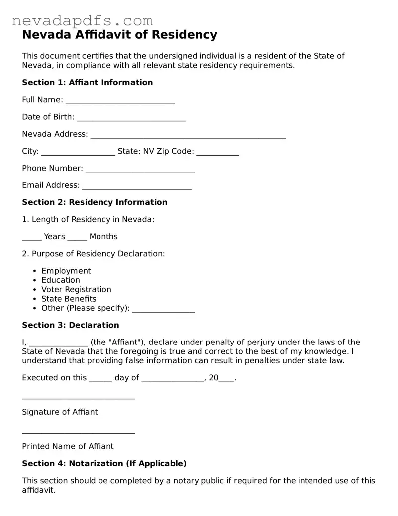 Attorney-Verified Affidavit of Residency Template for the State of Nevada
