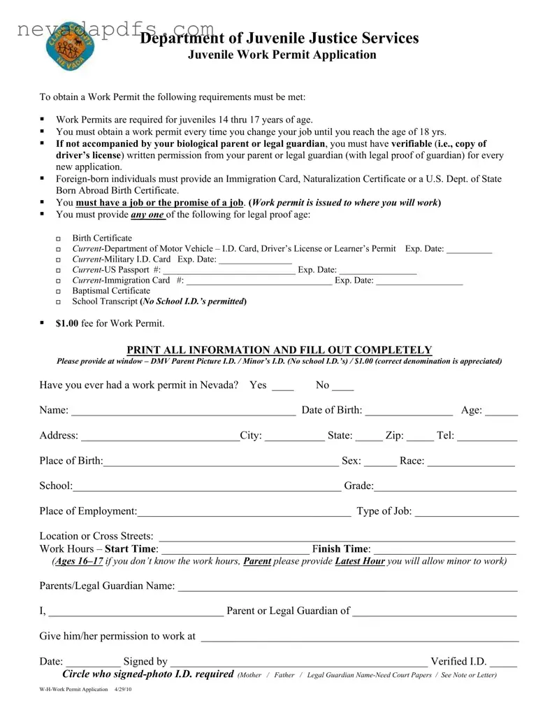 Blank Nevada Work Permit Application PDF Template