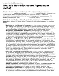 Attorney-Verified Non-disclosure Agreement Template for the State of Nevada